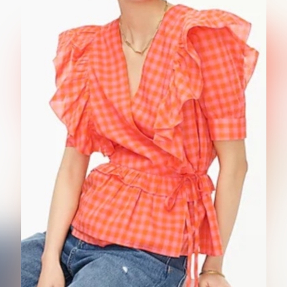 J. Crew Bright Pink Checkered Ruffle Blouse